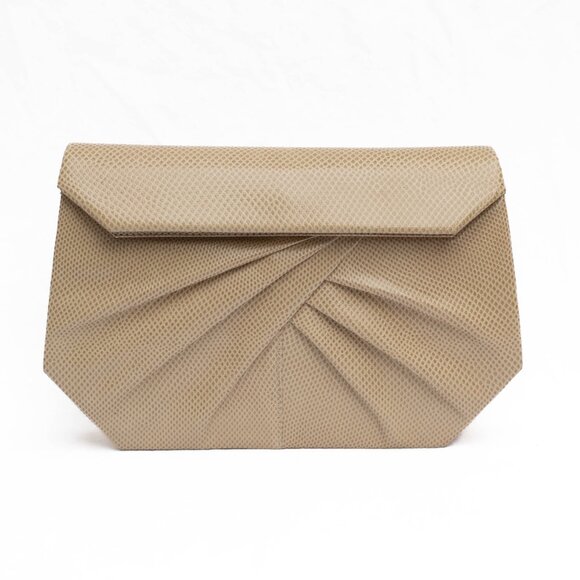 VTG RENE MANCINI Paris Tan Snakeskin Pleated Clutch Purse Evening Bag 9"W - Picture 10 of 10